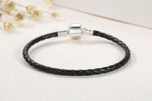 New 925 Sterling Silver & Real Black Leather Chain Charm Fit  Bracelet For Women