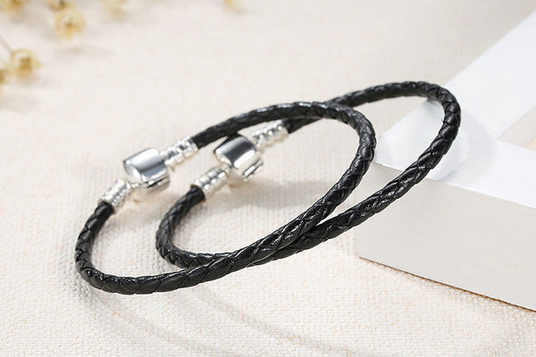 New 925 Sterling Silver & Real Black Leather Chain Charm Fit  Bracelet For Women