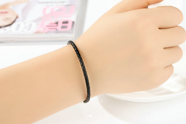 New 925 Sterling Silver & Real Black Leather Chain Charm Fit  Bracelet For Women