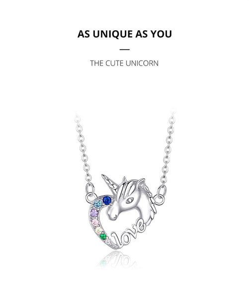 Real 925 Sterling Silver Unicorn Of Love Necklaces Zircon Pendant Long Chain Link For Women