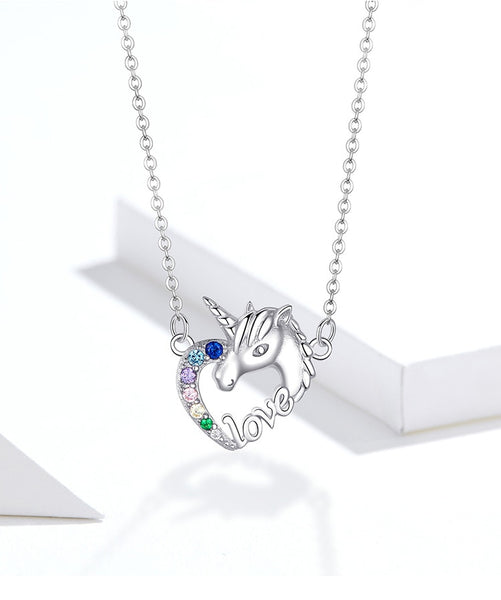 Real 925 Sterling Silver Unicorn Of Love Necklaces Zircon Pendant Long Chain Link For Women