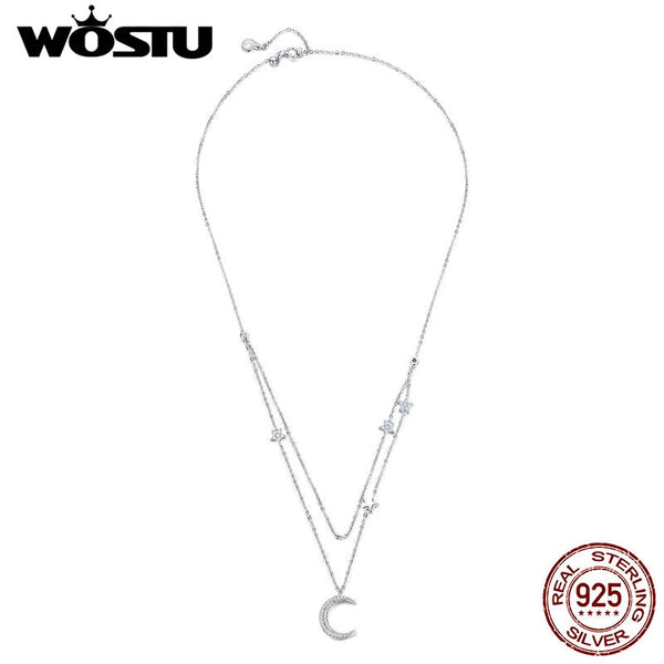 925 Sterling Silver Moon & Stars Pendant Necklaces Adjustable Double Long Chain For Women