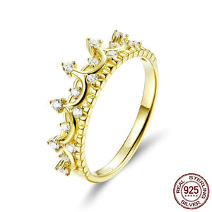 Real 925 Sterling Silver Gold Color Queen Crown Ring Zircon Finger For Women Wedding