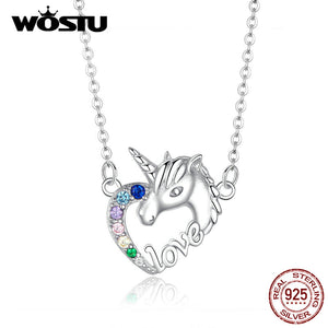 Real 925 Sterling Silver Unicorn Of Love Necklaces Zircon Pendant Long Chain Link For Women