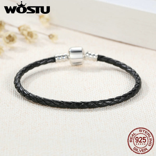 New 925 Sterling Silver & Real Black Leather Chain Charm Fit  Bracelet For Women