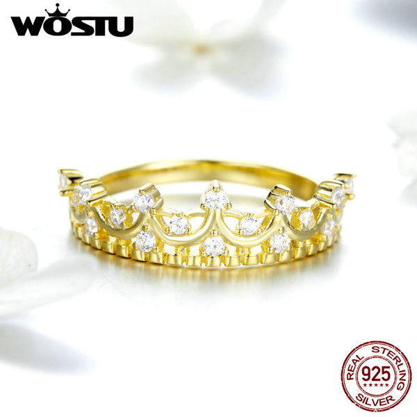 Real 925 Sterling Silver Gold Color Queen Crown Ring Zircon Finger For Women Wedding