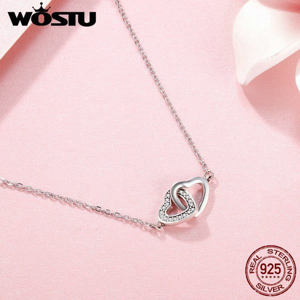 925 Sterling Silver Connected Heart Couple Heart Pendant Necklace for Girlfriend