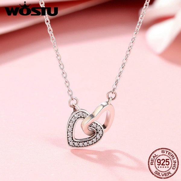 925 Sterling Silver Connected Heart Couple Heart Pendant Necklace for Girlfriend