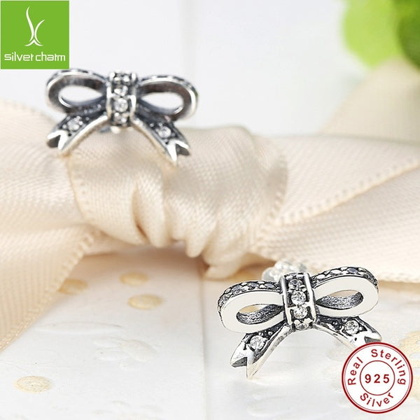 925 Sterling Silver Sparkling Bow With Clear CZ Stud Earrings For Women