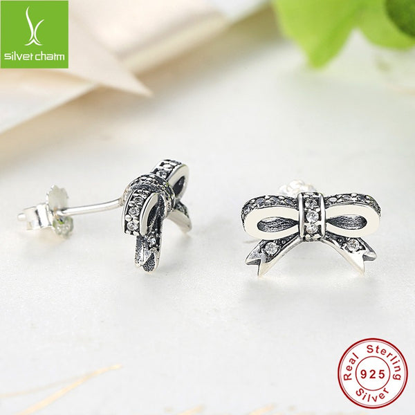 925 Sterling Silver Sparkling Bow With Clear CZ Stud Earrings For Women