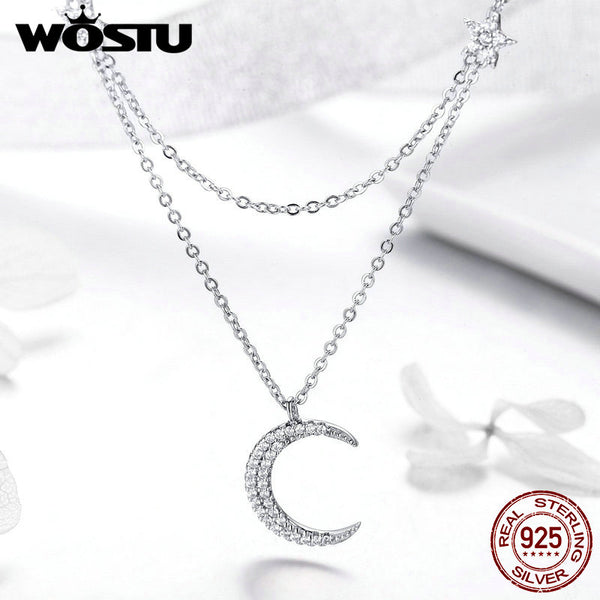 925 Sterling Silver Moon & Stars Pendant Necklaces Adjustable Double Long Chain For Women