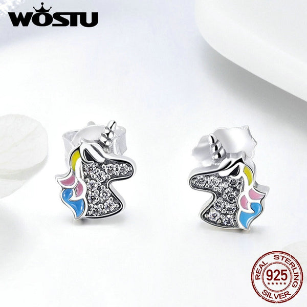 925 Sterling Silver Dazzling Unicorn Licorne Stud Earrings for Women