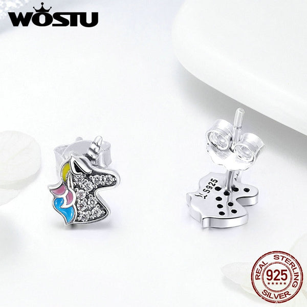 925 Sterling Silver Dazzling Unicorn Licorne Stud Earrings for Women