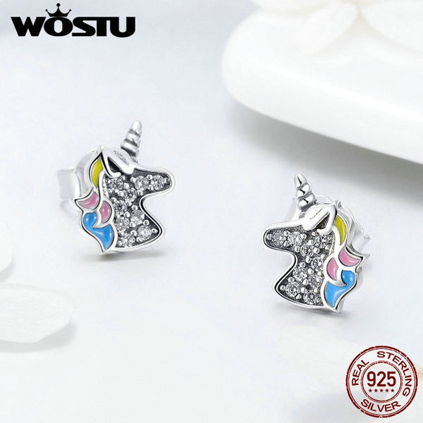 925 Sterling Silver Dazzling Unicorn Licorne Stud Earrings for Women