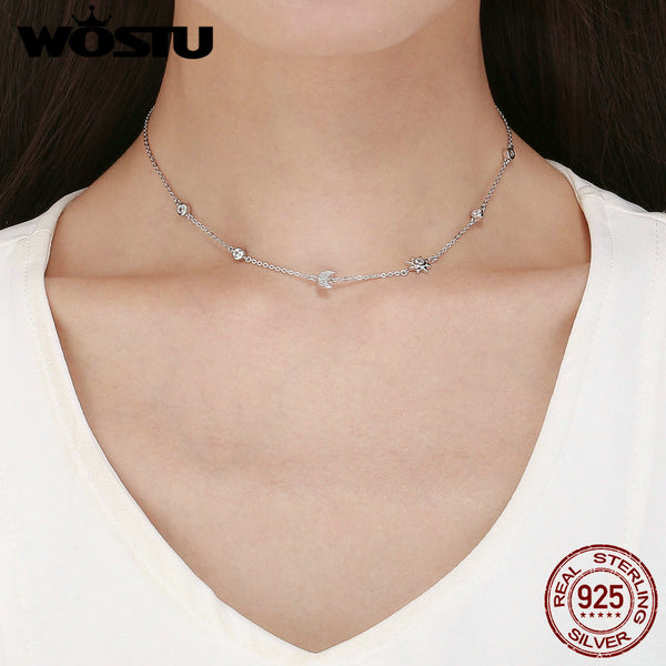 Real 925 Sterling Silver  Sparkling Moon and Star Exquisite Pendant Choker Necklace For Women