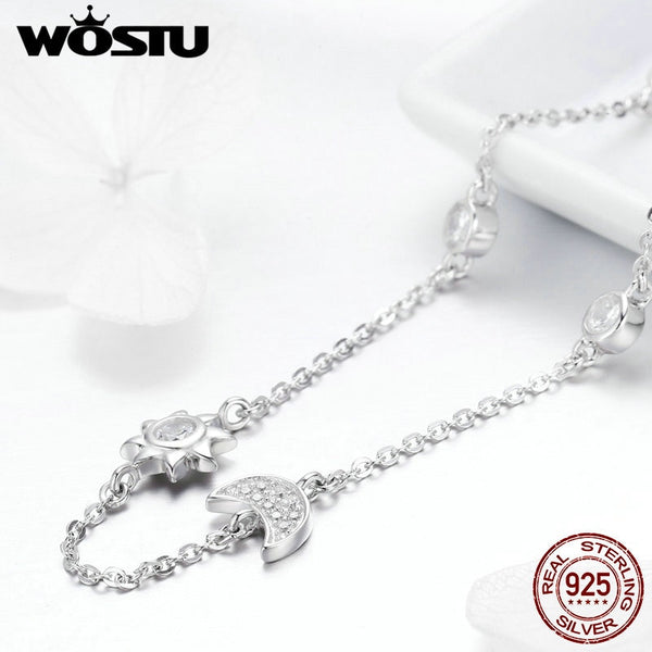 Real 925 Sterling Silver  Sparkling Moon and Star Exquisite Pendant Choker Necklace For Women