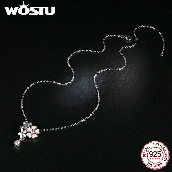 Real 925 Sterling Silver  Poetic Daisy Cherry Blossom Pendant Necklaces With Pink CZ For Women