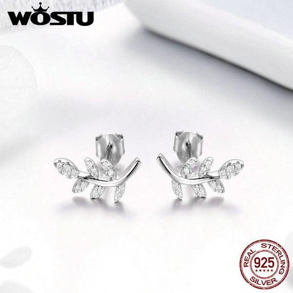 925 Sterling Silver Leaf Earrings Zircon Small Stud Earrings For Women