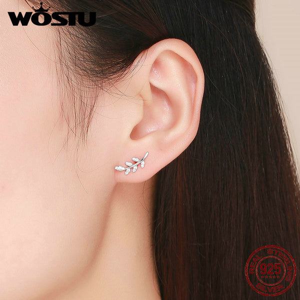 925 Sterling Silver Leaf Earrings Zircon Small Stud Earrings For Women