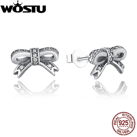 925 Sterling Silver Sparkling Bow With Clear CZ Stud Earrings For Women