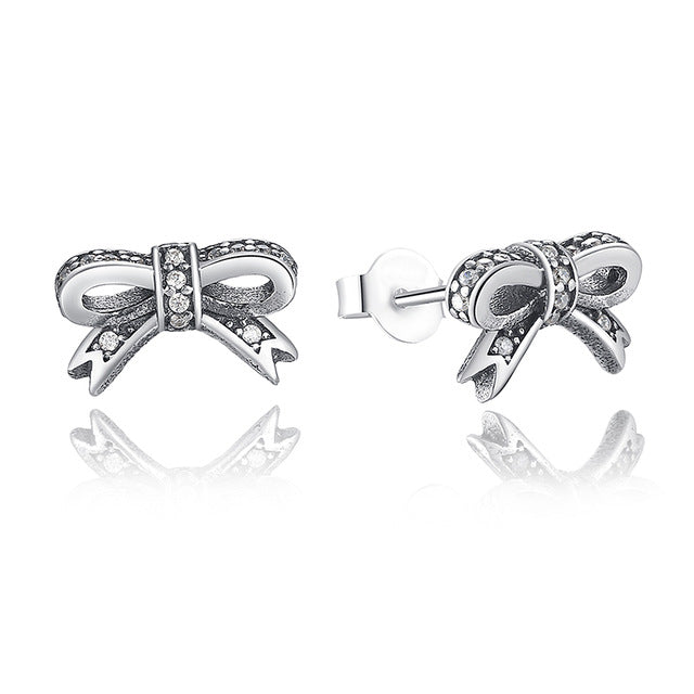 925 Sterling Silver Sparkling Bow With Clear CZ Stud Earrings For Women