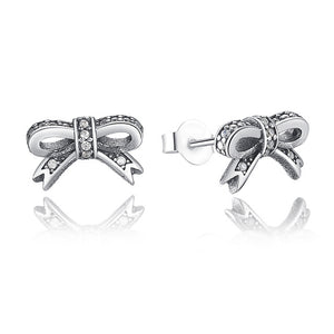 925 Sterling Silver Sparkling Bow With Clear CZ Stud Earrings For Women