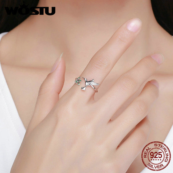 925 Sterling Silver Hummingbird & Leaves Ring For Women