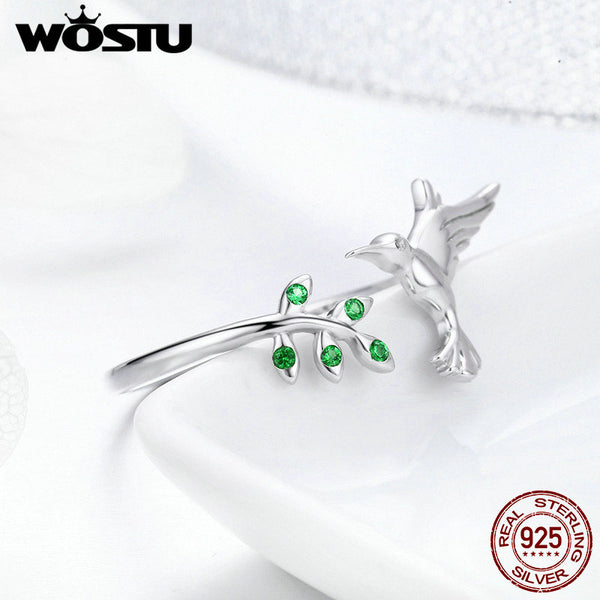 925 Sterling Silver Hummingbird & Leaves Ring For Women