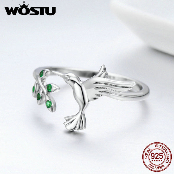 925 Sterling Silver Hummingbird & Leaves Ring For Women