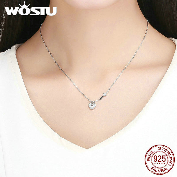 925 Sterling Silver Lock & Heart Dangle Pendant Heart Highlights Necklaces Dazzling CZ Chain For Women