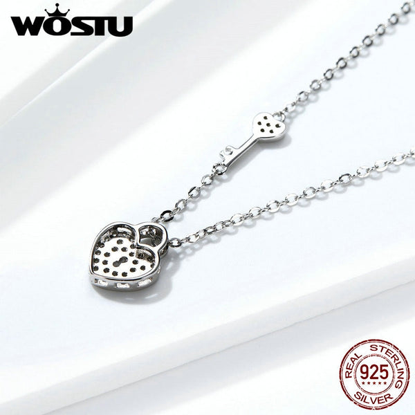 925 Sterling Silver Lock & Heart Dangle Pendant Heart Highlights Necklaces Dazzling CZ Chain For Women