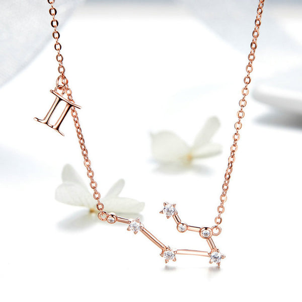 Women 12 Constellation Silver 925 Sterling Rose Gold Necklaces Pendants Long Chain Choker For Women Jewelry