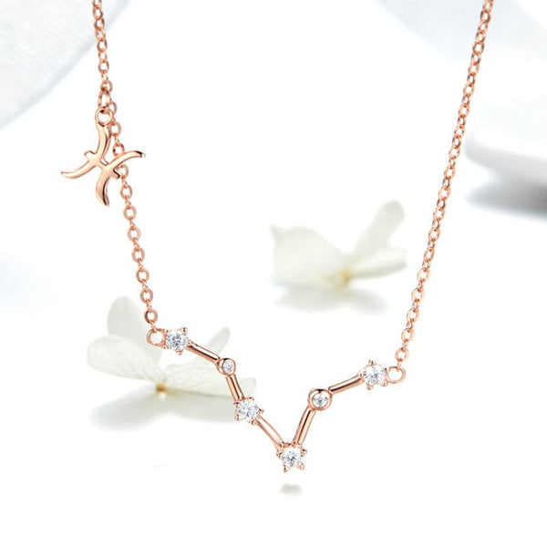 Women 12 Constellation Silver 925 Sterling Rose Gold Necklaces Pendants Long Chain Choker For Women Jewelry