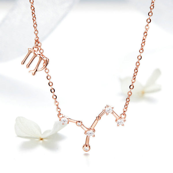 Women 12 Constellation Silver 925 Sterling Rose Gold Necklaces Pendants Long Chain Choker For Women Jewelry