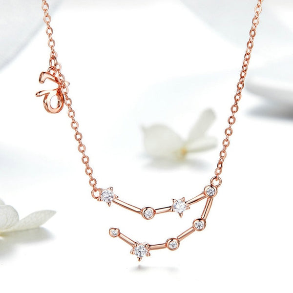 Women 12 Constellation Silver 925 Sterling Rose Gold Necklaces Pendants Long Chain Choker For Women Jewelry