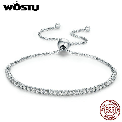 Real 925 Sterling Silver Sparkling Strand Chain Bracelet For Women