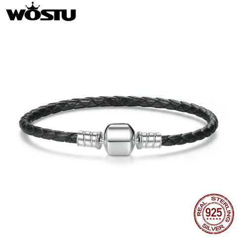 New 925 Sterling Silver & Real Black Leather Chain Charm Fit  Bracelet For Women