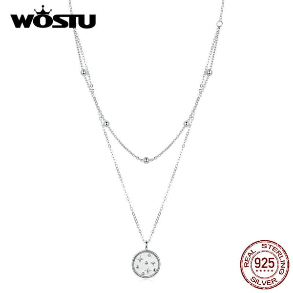 Genuine 925 Sterling Silver Starry Star Necklace Double Layer Long Chain Link For Women