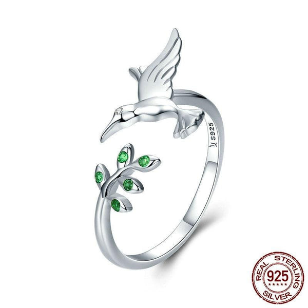 925 Sterling Silver Hummingbird & Leaves Ring For Women