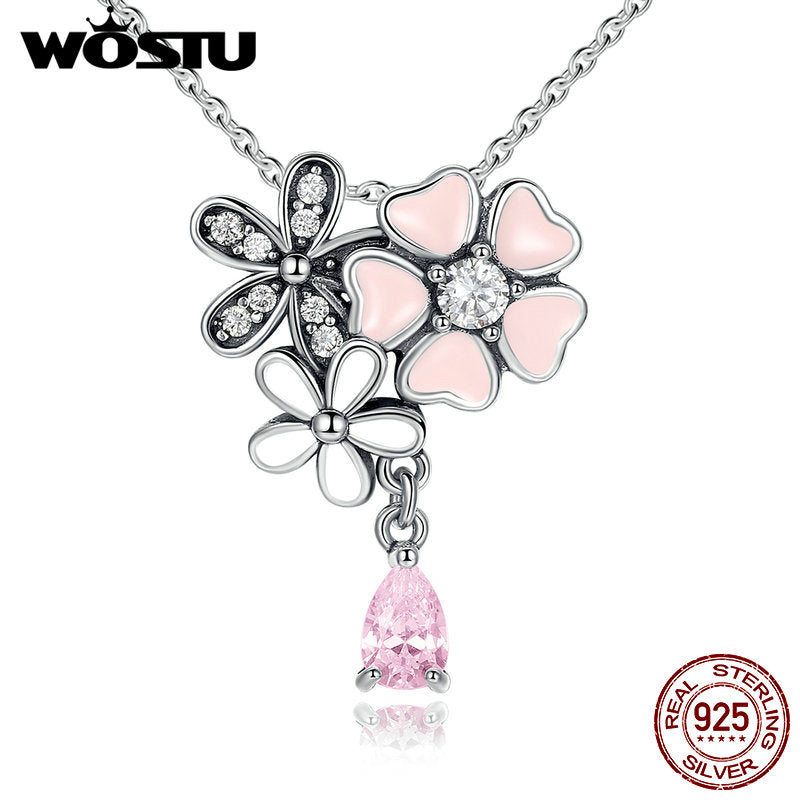 Real 925 Sterling Silver  Poetic Daisy Cherry Blossom Pendant Necklaces With Pink CZ For Women