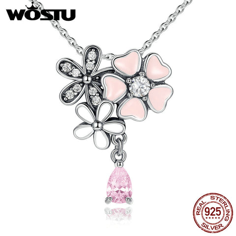 Real 925 Sterling Silver  Poetic Daisy Cherry Blossom Pendant Necklaces With Pink CZ For Women