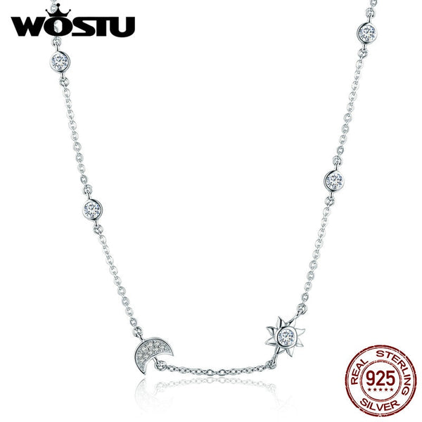 Real 925 Sterling Silver  Sparkling Moon and Star Exquisite Pendant Choker Necklace For Women