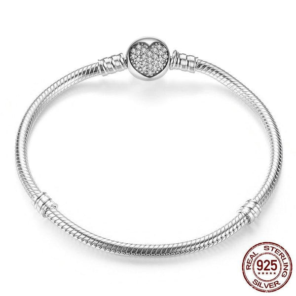 Sterling Silver Sparkling Heart Snake Chain Fit Original  Charm Bracelet & Bangle For Women