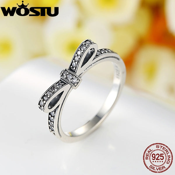 925 Sterling Silver Bow Knot Wedding Ring With Crystal Original Jewelry