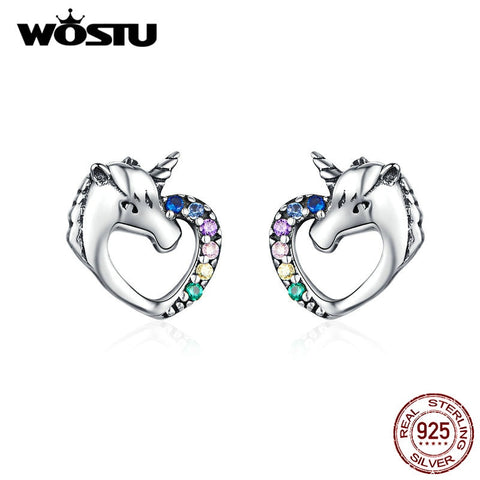 Unicorn Heart Stud Earrings 925 Sterling Silver Multi-Color CZ Earrings For Women Wedding